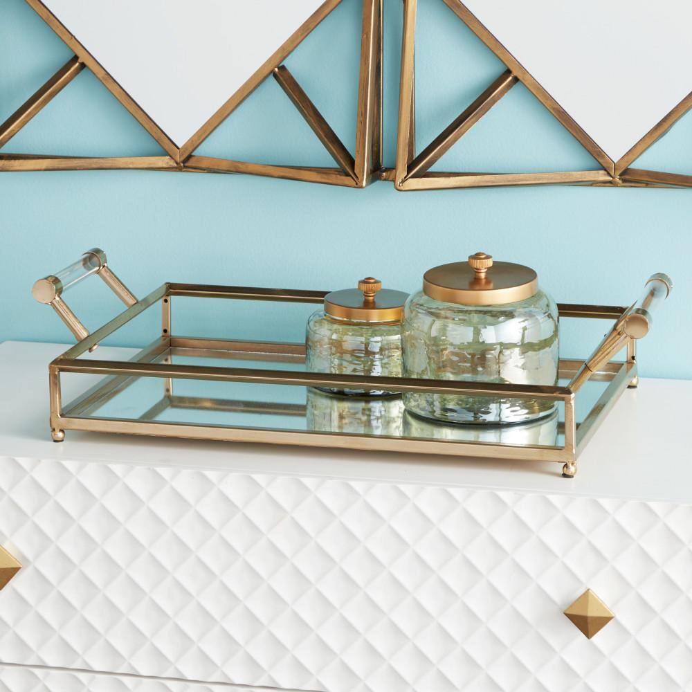 Gold Metal Mirrored Decorative Tray with Acrylic Handles