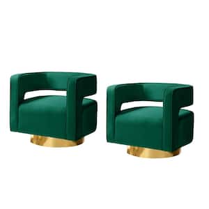 Gustaf Contemporary Green Velvet Comfy Swivel Barrel Chair with Open Back and Metal Base (Set of 2)