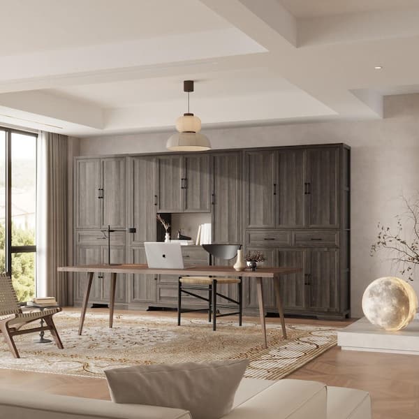 78.7 in. Tall Dark Oak Wood 28-Shelf Wall Unit Bookcase with Soft Close Hinges, Anti-Tip Kit and Drawers