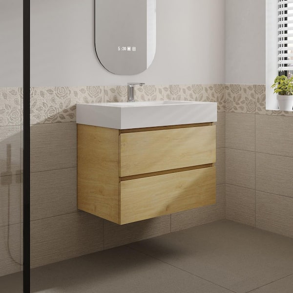 Aaby 30 in. W x 18 in. D x 25 in . H Wall Mounted Floating Bath Vanity Cabinet in Oak with Stone Resin Top and Sink