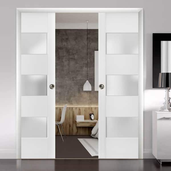 4070 48 in. x 80 in. 3 Panel White Finished Pine Wood Sliding Door with Double Pocket Hardware