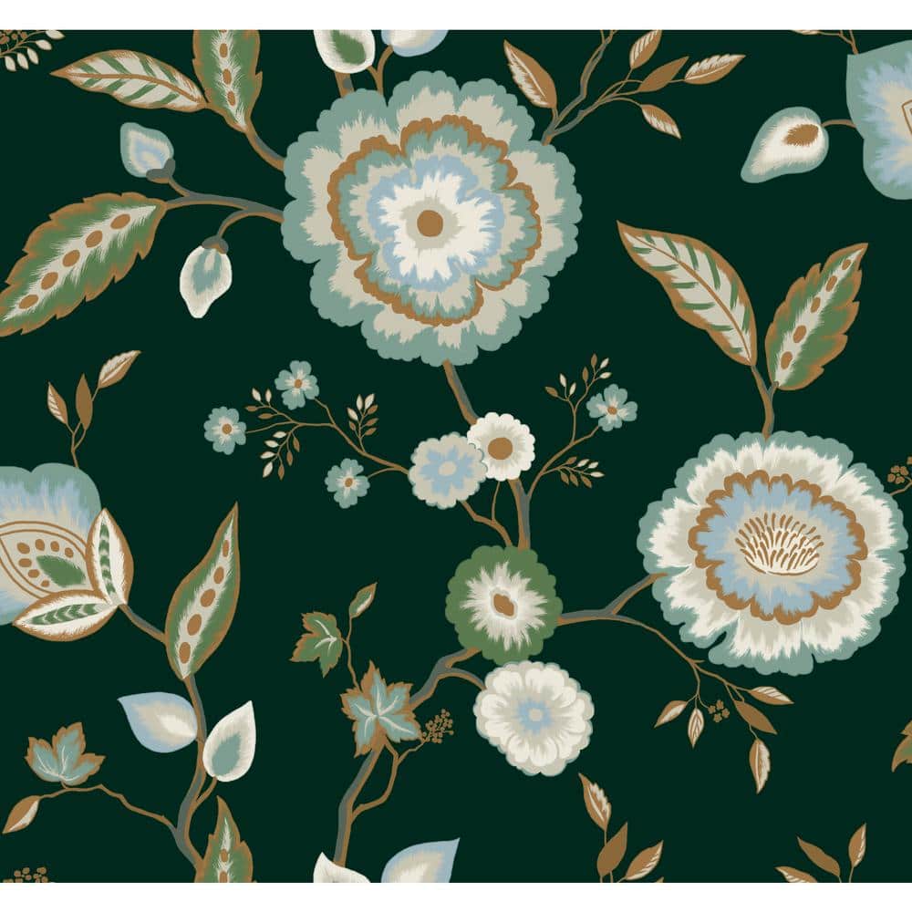 Dahlia Blooms Forest/Seafoam Multi-Colored Metallic Pre-pasted Paper Wallpaper 60.75 sq. ft