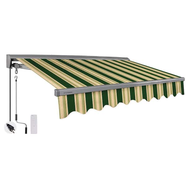 Advaning 12 ft. Classic Series Semi-Cassette Electric w/ Remote Retractable Patio Awning, Green Beige Stripes (10 ft Projection)