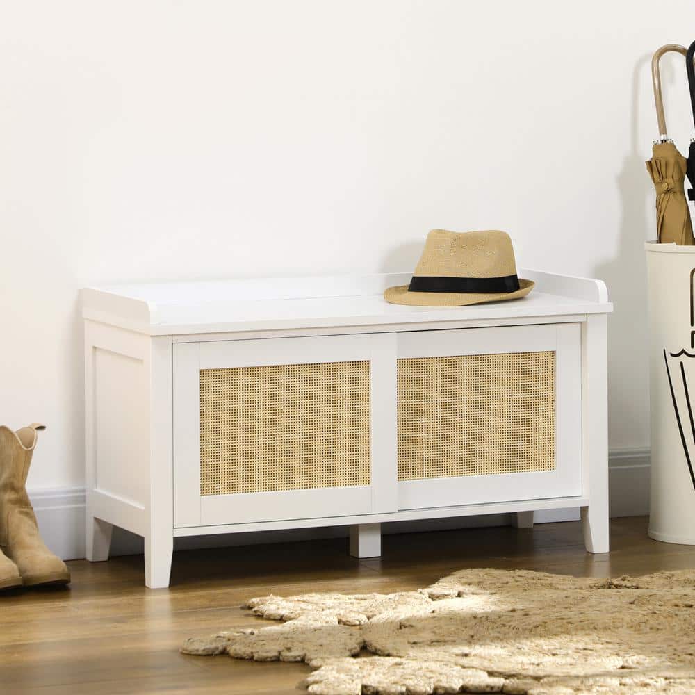 White Pine Wood Shoe Storage Bench with Rattan Sliding Doors
