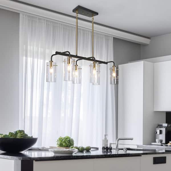 6-Light Plated Brass Island Hanging Chandelier Linear Pendant Light with Clear Glass Shade for Kitchen and Dining Room