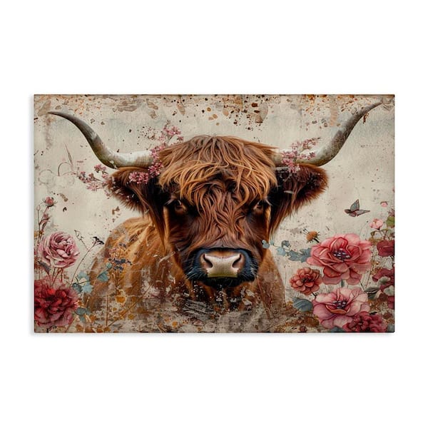 Highland Cow in Spring by LSR Design Studio Unframed Animal Graphic Art Print 24 in. x 36 in.