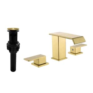 8 in. Widespread Double Handle Waterfall Bathroom Faucet with Pop-Up Drain Three Hole Bathroom Basin Tap in Brushed Gold