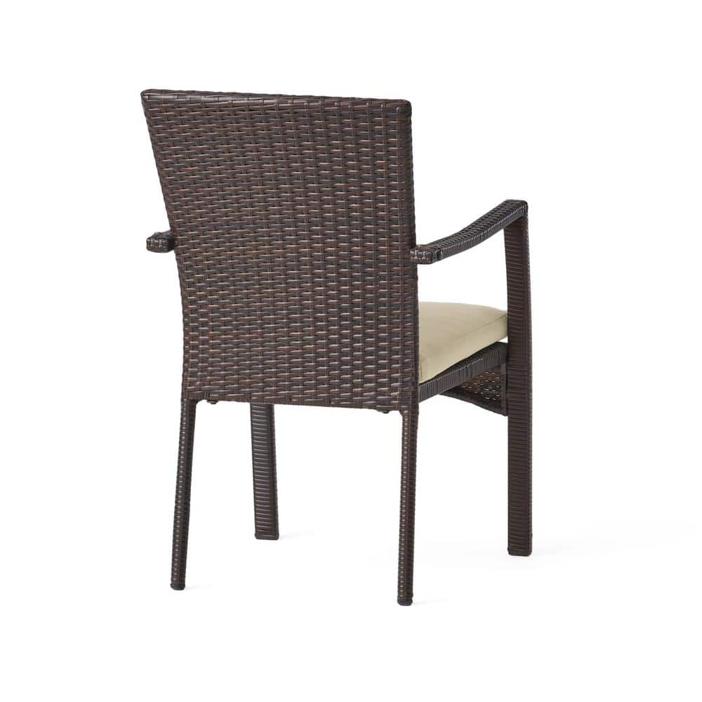 Corsica Brown Iron Wicker Dining Arm Chair with Cream Cushions