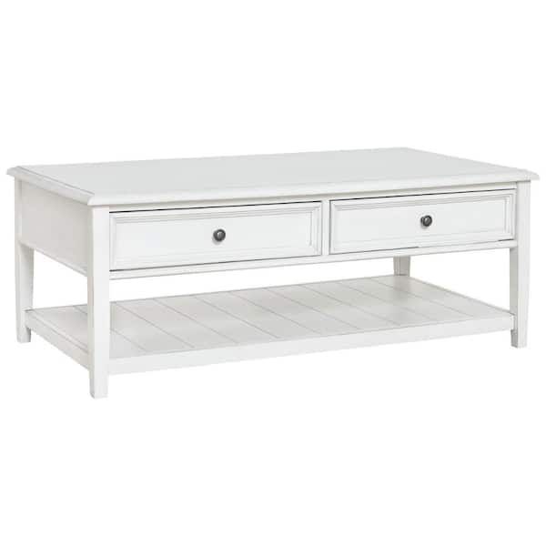 Benjara 28 in. White Rectangle Wood Coffee Table with 2 Drawers ...