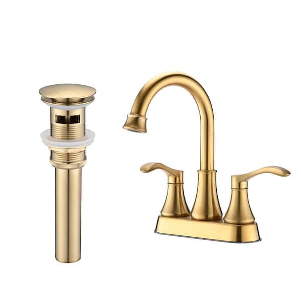 Lukvuzo 4 in. Centerset Double Handle Mid Arc Bathroom Faucet with Drain Kit Included in Brushed Gold