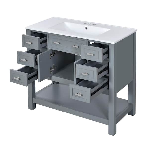 Unbranded 36 in. W x 18 in. D x 34 in. H Single Sink Freestanding Bath Vanity in Gray with White Ceramic Top