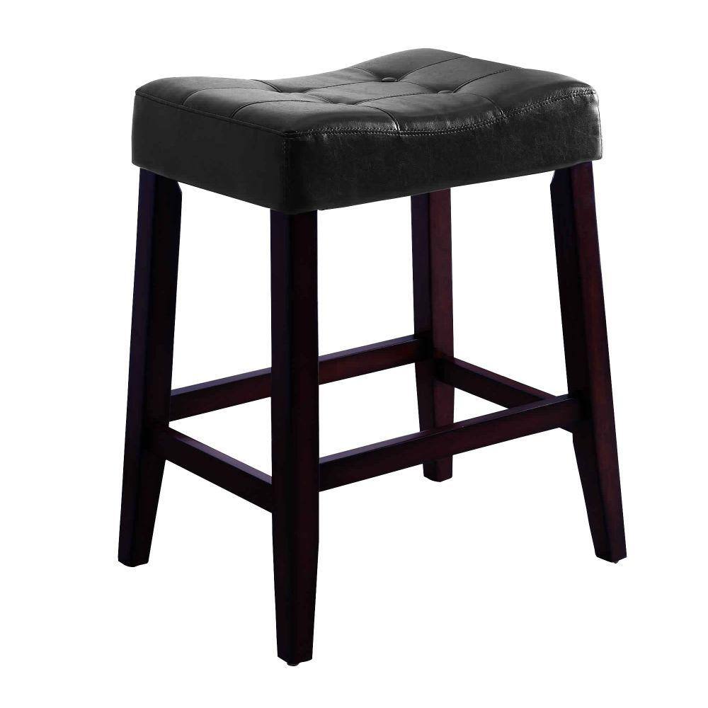 Black and Brown Button Tufted Saddle Seat Wooden Stools, Set of 2