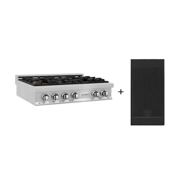 ZLINE Kitchen and Bath 36 in. Legacy Gas Rangetop with 6 Brass Burners and Porcelain Cooktop in Satin Stainless Steel with Griddle