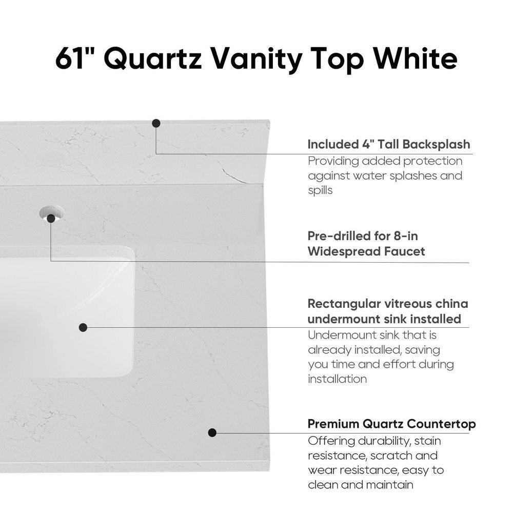 Bianco Bella 61'' White Quartz Double Undermount Sink Vanity Top