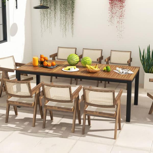 79 in. W Acacia Wood Patio Dining Table Rectangular Outdoor Table with with Umbrella Hole for Balcony, Deck or Porch