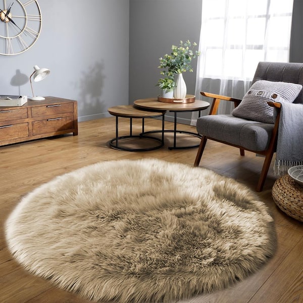 Sheepskin Faux Fur Beige 4 ft. x 4 ft. Cozy Rugs Round Area Rug