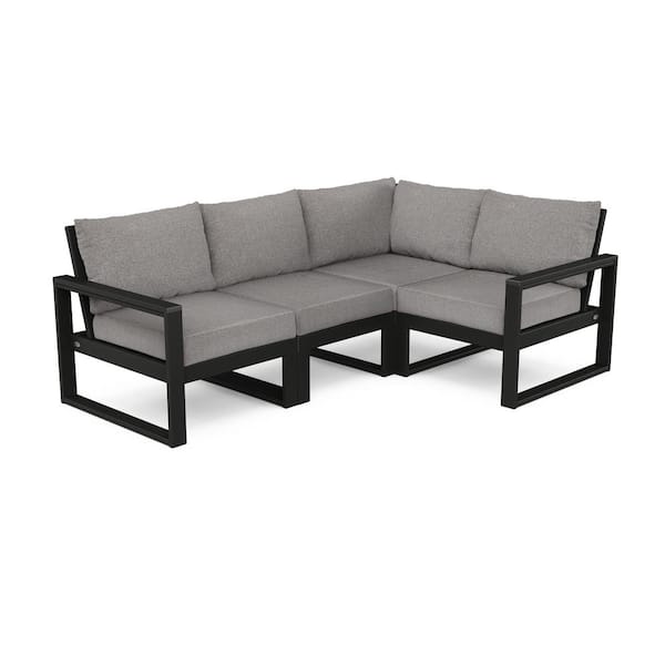 POLYWOOD EDGE Black 4-Piece Plastic Patio Modular Deep Seating Set with Grey Mist Cushions