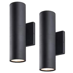 2-Light 12 in. Black Aluminum Cylinder LED Outdoor Hardwired Wall Lantern Sconce(2-Pack)
