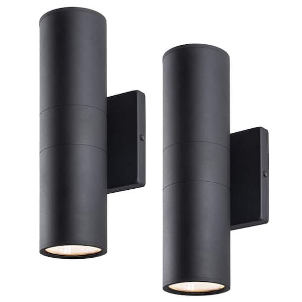 C Cattleya 2-Light 12 in. Black Aluminum Cylinder LED Outdoor Hardwired Wall Lantern Sconce(2-Pack)