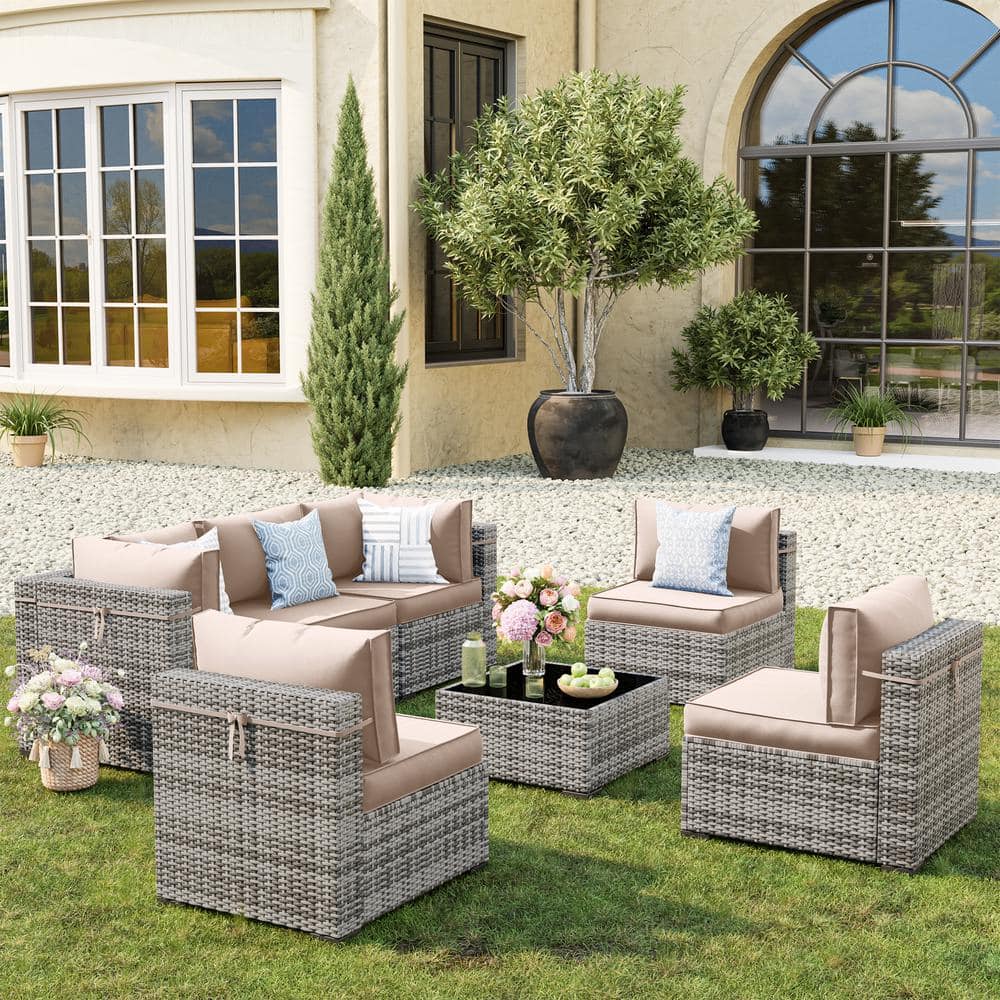 Gray Wicker 7-Piece Modular Outdoor Sectional Patio Furniture Conversation 