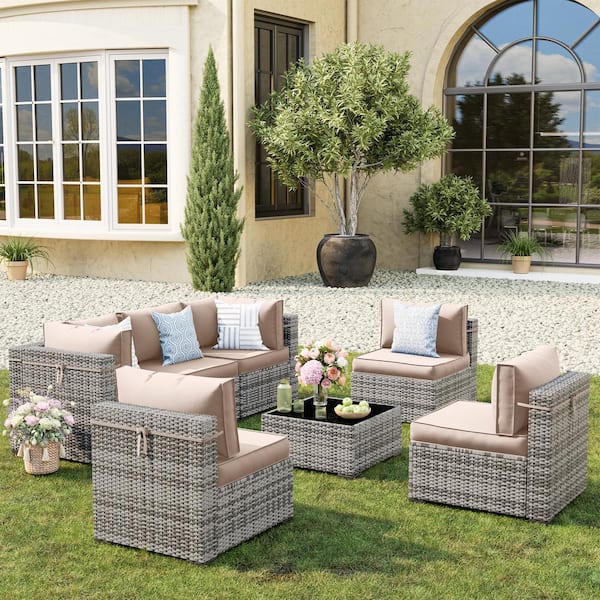 Unbranded Gray Wicker 7-Piece Modular Outdoor Sectional Patio Furniture Conversation Set Cushions (6-Chairs and 1-CoffeeTable)