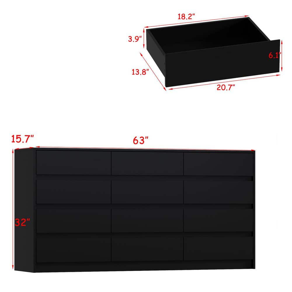 Black 12 Drawers 63 in. W x 32 in. H Wooden Dresser without Mirror, Chest of Drawer, Storage Cabinet for Bedroom Storage - thumbnail 4