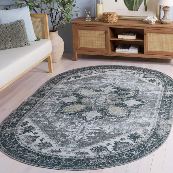 Tucson 6 ft. x 8 ft. Oval Dark Sage/Ivory Distressed Ornate Border Washable Area Rug