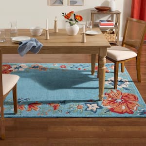Hibiscus Bloom Bordered Light Blue/Red 8 ft. x 10 ft. Floral Modern Indoor/Outdoor Patio Area Rug