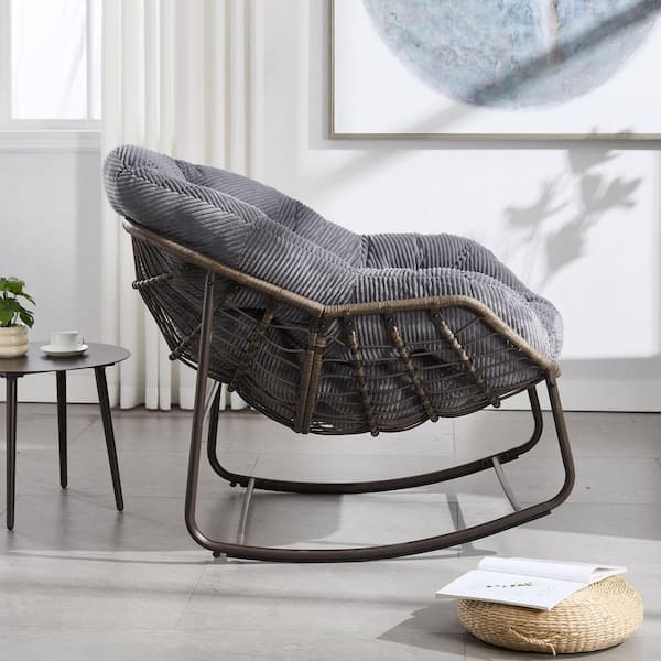 Rattan Metal Outdoor Rocking Chair with Gray Padded Cushion Lounge Chair for Front Porch, Living Room, Patio, Garden