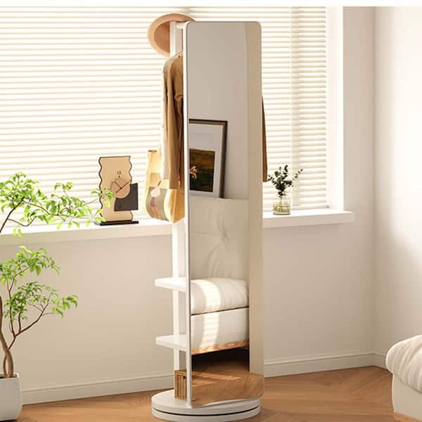Unbranded White 19.6 in. W x 68.8 in. H Full-Body Dressing Mirror 360° Swivel Decor Mirror with Rear Storage Shelves and Coat Rack