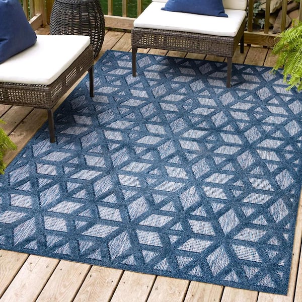 JONATHAN Y Talaia Neutral Geometric Navy 5 ft. x 8 ft. Indoor/Outdoor Area Rug
