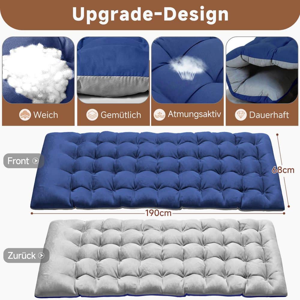 Detailed views of the navy blue tufted cushion, showing front and back sides.