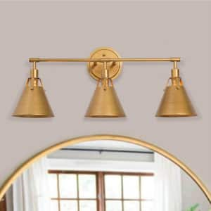 25.5 in. Brushed Vintage Gold Bathroom Vanity Light Mid-Century 3-Light Kitchen Living Room Metal Bell Wall Sconce