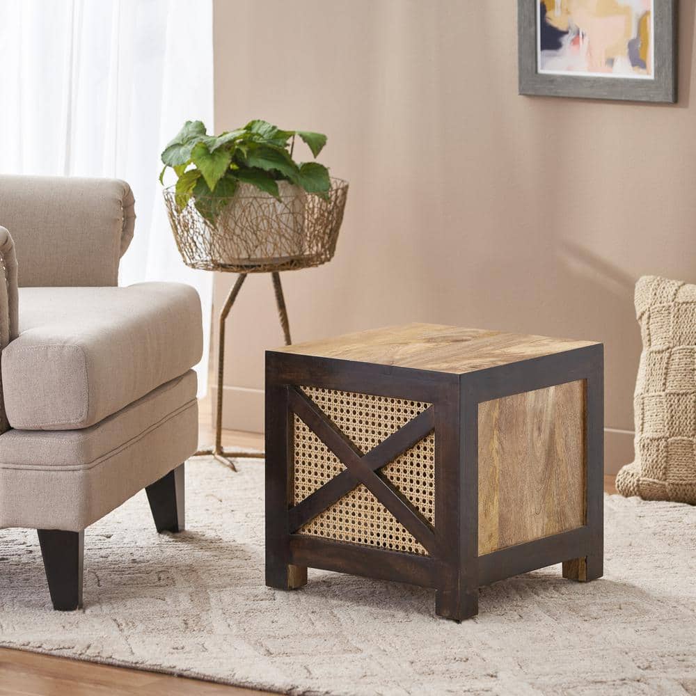 Handcrafted Mango Wood and Cane Wicker Ottoman Stool, Natural and Walnut