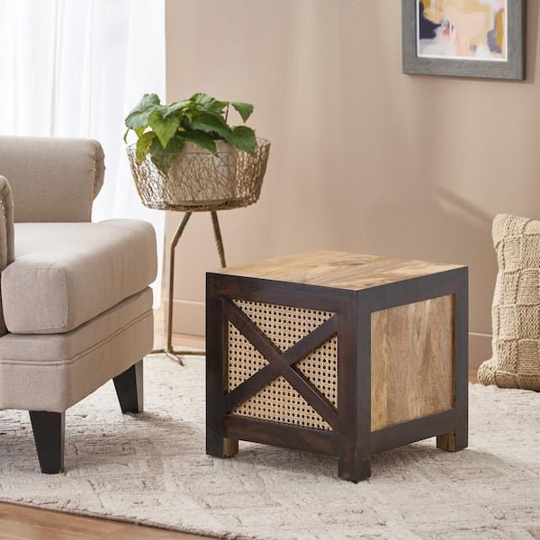 Bainville 16 in. Natural and Walnut Backless Wood Ottoman Stool