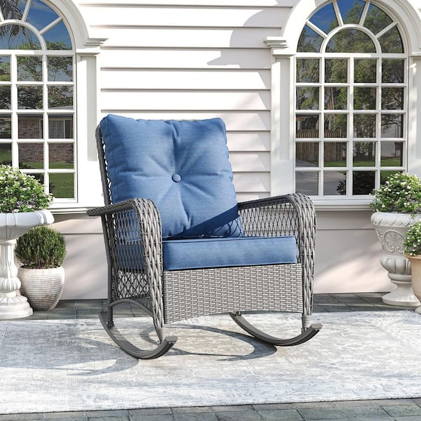 Poteban Wicker Outdoor Rocking Chair with Blue Cushion (Single Pack)