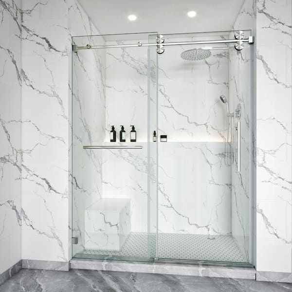 LASIHEM 68-72 in. W x 76 in. H Single Sliding Frameless Shower Door Brushed Nickel 3/8 in. Clear Glass with Towel Bar