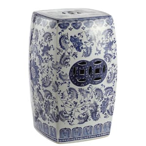 18.5 in. Blue/White Chinoiserie Floral Vine Ceramic Square Garden Stool