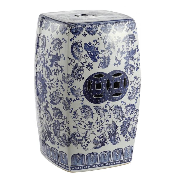 JONATHAN Y 18.5 in. Blue/White Chinoiserie Floral Vine Ceramic Square Garden Stool