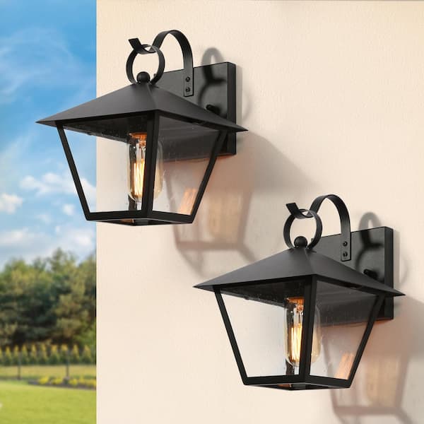 Uolfin Modern Black Outdoor Wall Light, Jared 10 in. H 1-Light OutdoorLantern Sconce Light with Seeded Glass Shade (2-Pack)