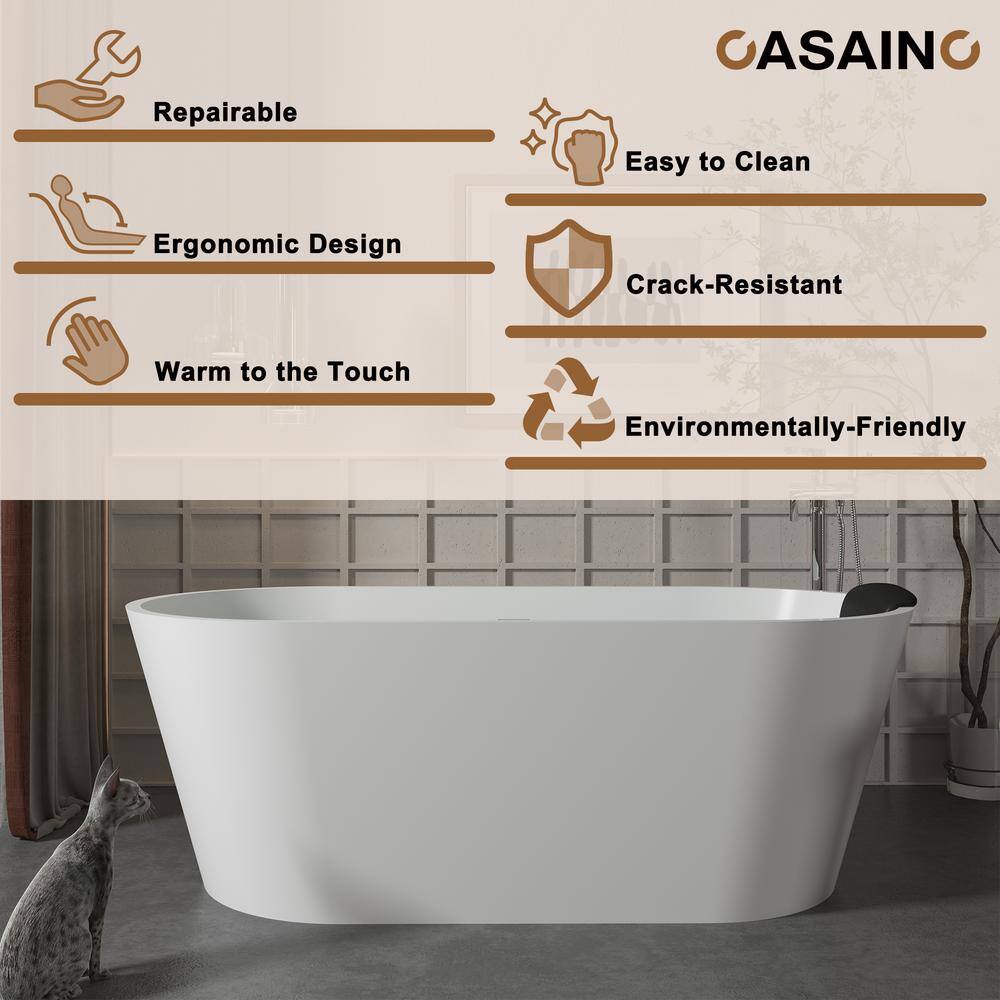 59" White Solid Surface Freestanding Soaking Bathtub with Black Pillow