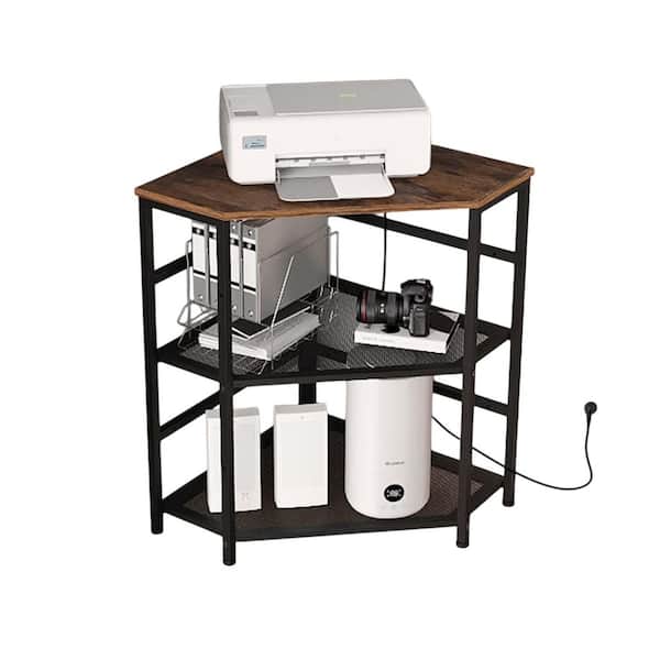 Corner Table Printer Stand with Power Outlet USB Ports Adjustable Storage Computer Tower Holder Brown