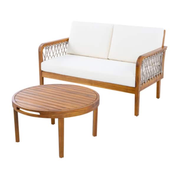 2-Piece Acacia Wood Outdoor Conversation Patio Furniture Set with Beige Cushions