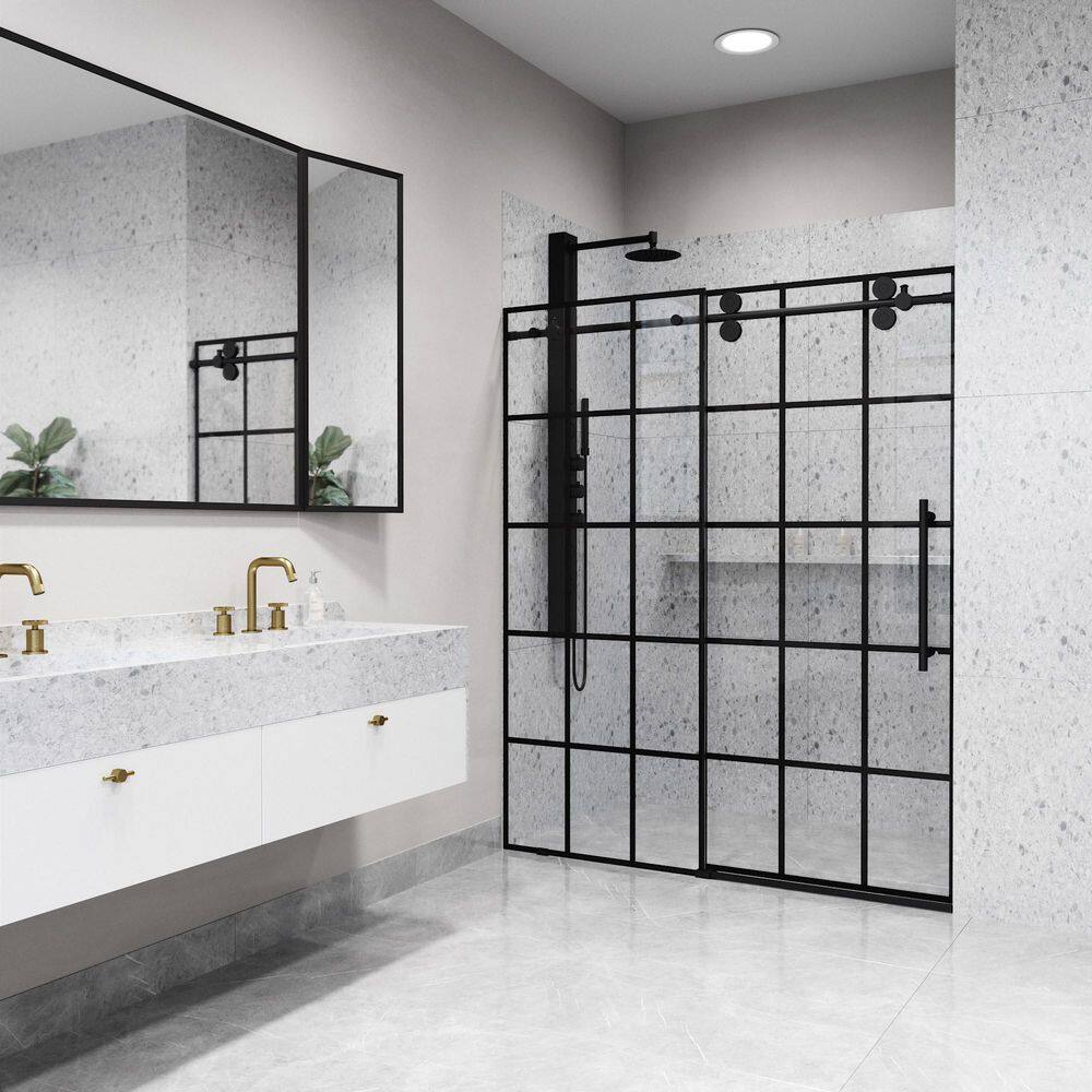 Elan Matte Black Frameless Sliding Shower Door with Clear Grid Glass