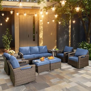 Nyajiah 9-Piece Wicker Patio Conversation Set with Blue Cushions