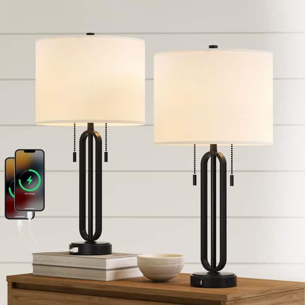 Cincinati 26.5 in. Black Modern Metal Bedroom Living Room Bedside Desk Nightstand Table Lamps Usb Port Set of 2