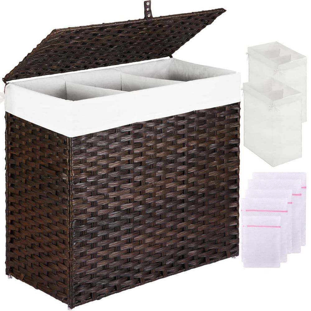 125 L Plastic Rattan Laundry Basket Hamper with Lid Brown