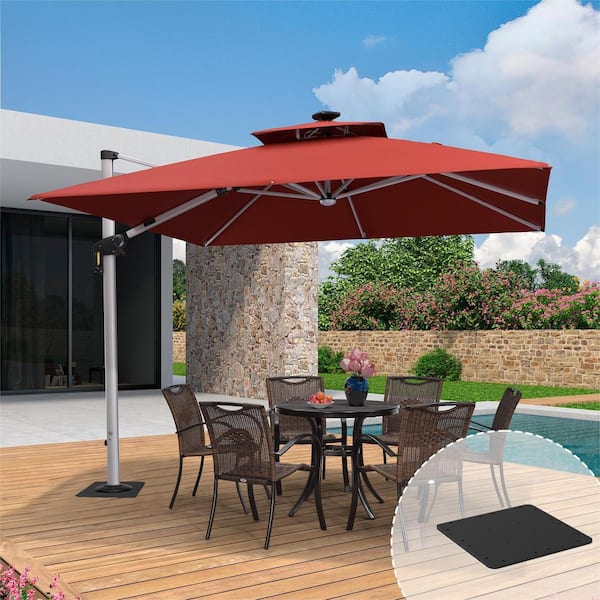 PURPLE LEAF 10 ft. Square Aluminum Solar Powered LED Patio Cantilever Offset Umbrella with Base Plate, Brick Red