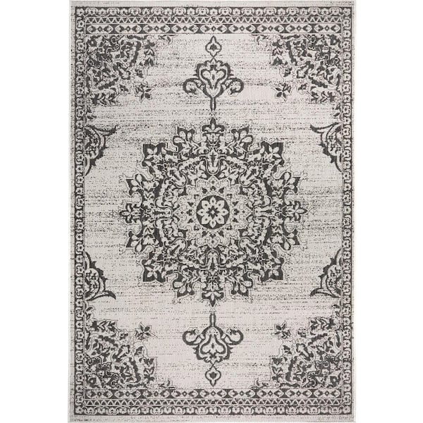 Patio Country Azalea Gray/Black 8 ft. x 10 ft. Medallion Indoor/Outdoor Area Rug