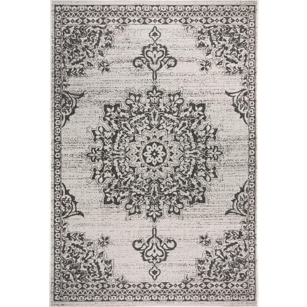 Gray and Black Medallion Synthetic Indoor/Outdoor Area Rug